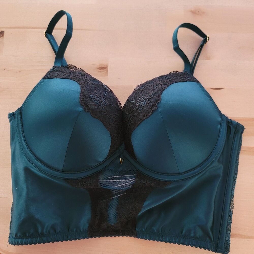 Victoria's Secret Bustier Demi Push Up Bra 34B Sexy Green Black Lace Glam